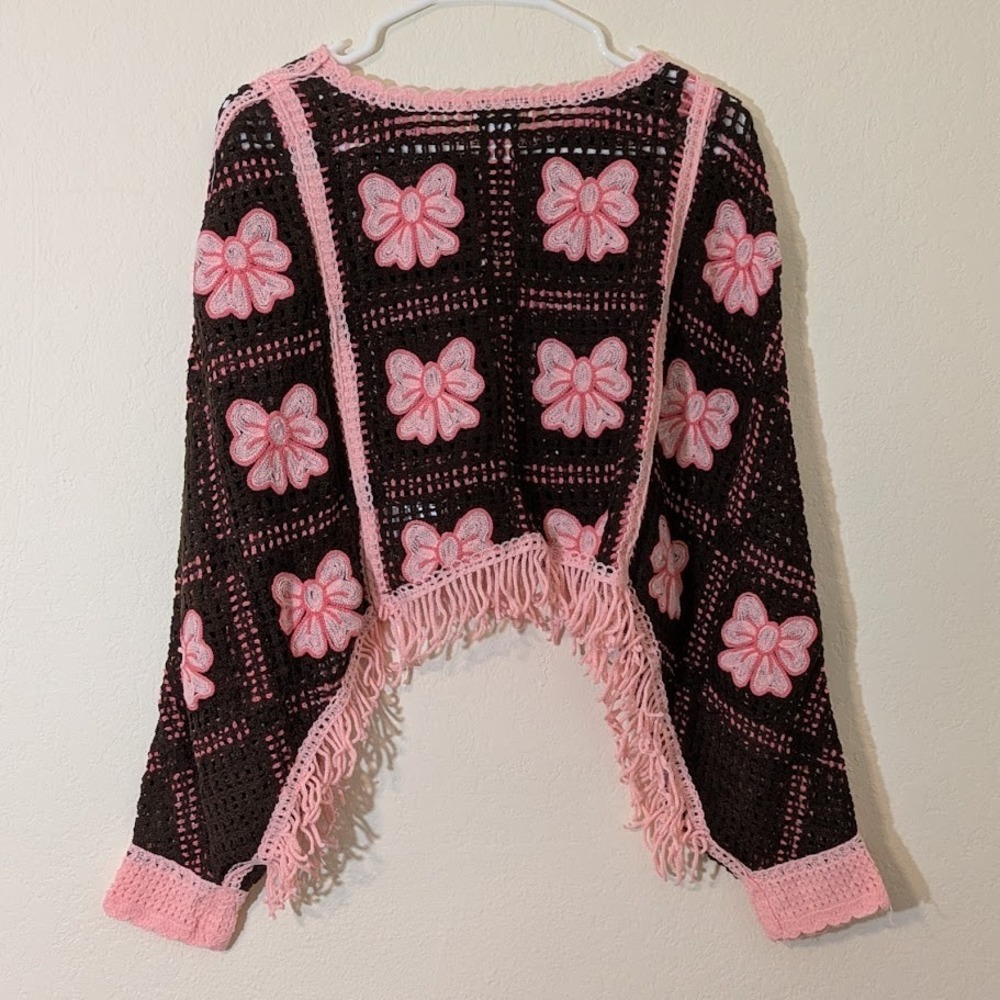 House of Harlow 1960 Crochet Bow Fringe Crop Top Poncho Brown Pink One Size - Picture 2 of 7